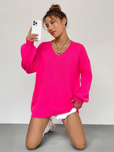Vista 4 de MakeMeChic Suéter casual de manga larga con cuello en V y hombros caídos para mujer