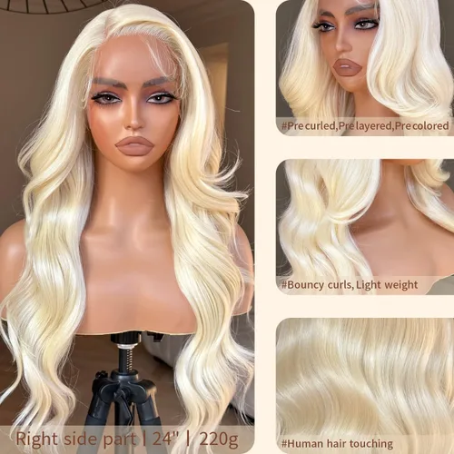 Vista 2 de BrownBomb Peluca Rubia de Encaje Frontal de Cabello Real Brillo Pre Tonificada Peluca Rubia, Peluca de Encaje Frontal 613 Pre Desplumada, Sin