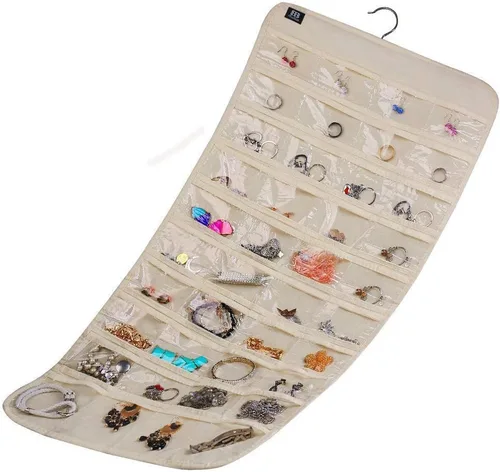Vista 4 de BB Brotrade Organizador colgante de joyas, organizador de accesorios, organizador de 80 bolsillos para guardar joyas (beige)