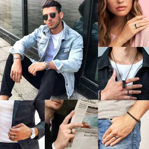 Vista 5 de LOWNOUR Anillos antiestrés para la ansiedad, 6 unidades, anillos de acero inoxidable para hombres, anillos giratorios negros para la ansiedad, juego