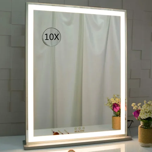 Vista 9 de BEAUTME Espejo de tocador de 22.4 x 28.1 pulgadas, espejo de maquillaje con luces, espejo Hollywood, espejo LED para dormitorio, marco de aluminio