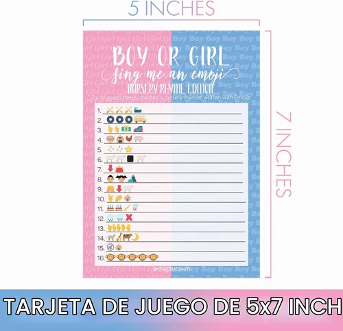 Vista 4 de DISTINCTIVS Tarjetas de juego de emoji para fiesta de revelación de género - 20 unidades 20 Game Cards, 5" x 7", Answer Key Included, Pink Blue