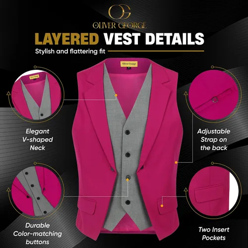 Vista 15 de Oliver George Chaleco formal de esmoquin en capas para hombre, chaleco de traje de negocios