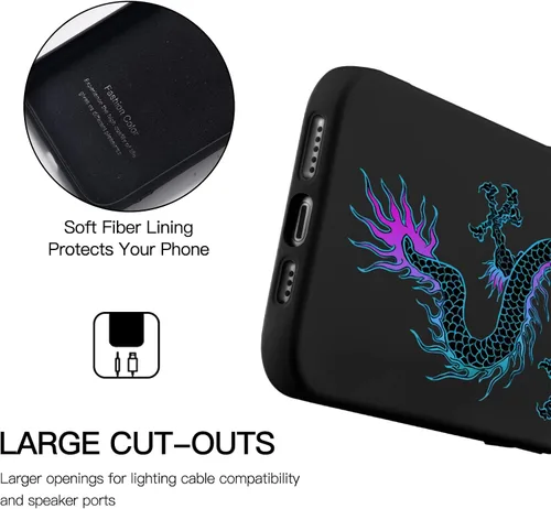Vista 3 de Funda con estampado de dragón para iPhone 7/8 Plus, silicona líquida negra fresca para niñas y niños, funda de goma de gel suave de moda de cuerpo