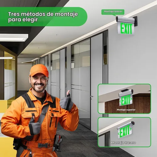 Vista 3 de Letrero de salida LED con borde iluminado, carcasa de aluminio cepillado, panel acrílico giratorio de doble cara, letreros de salida de emergencia