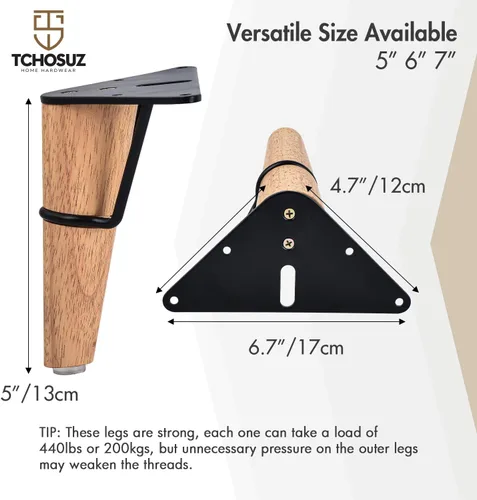 Vista 3 de Juego de 4 patas de madera maciza para muebles de 5 pulgadas, juego de 4 patas de repuesto de placa superior triangular de metal moderno de mediados