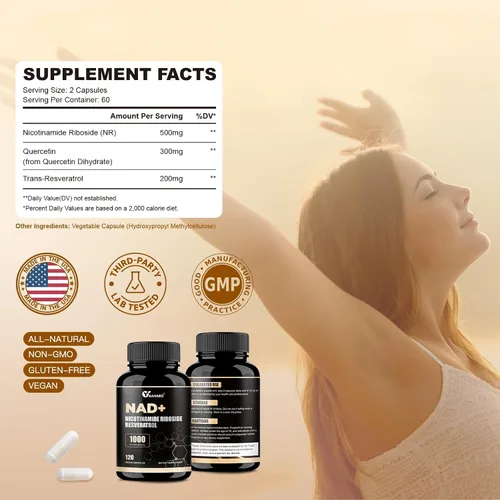 Vista 9 de Suplemento NAD 120 cápsulas – Ribosida de nicotinamida liposomal con trans-resveratrol y quercetina – 1000 mg NAD+ suplemento para hombres y mujeres