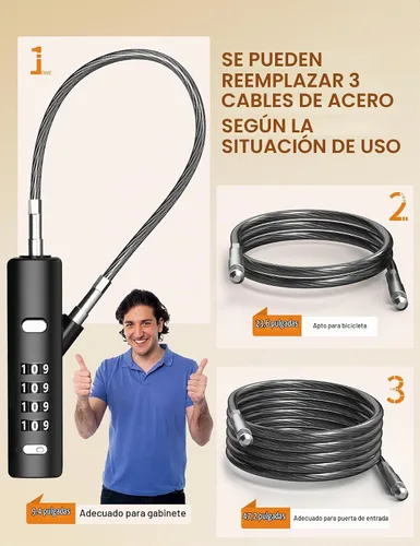 Vista 2 de Candado de Cable de Combinación de 4 Dígitos con 3 Cables de Acero (9"/24"/47") - Reinicio Seguro Solo con Código Actual - para Bicicleta, Equipaje