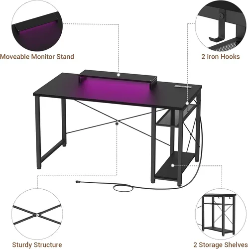 Vista 9 de Armocity Escritorio para computadora con luces LED, escritorio de juegos con toma de corriente y USB, mesa reversible para laptop 40 con soporte