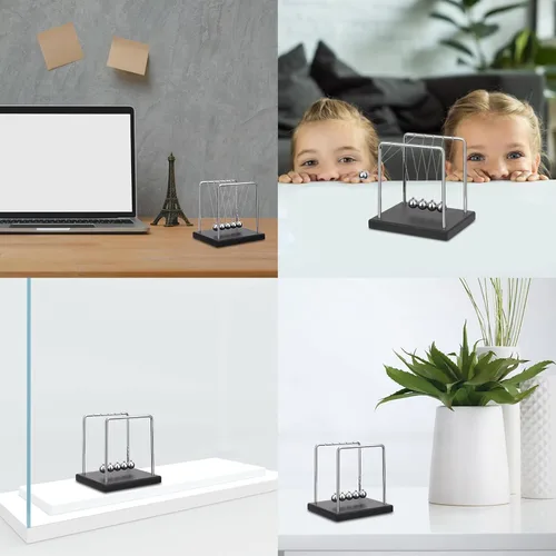Vista 6 de SEVNPRIME Bolas de equilibrio de cuna de Newton con 5 cuentas grandes, juguetes de escritorio, decoraciones de oficina con base de madera negra