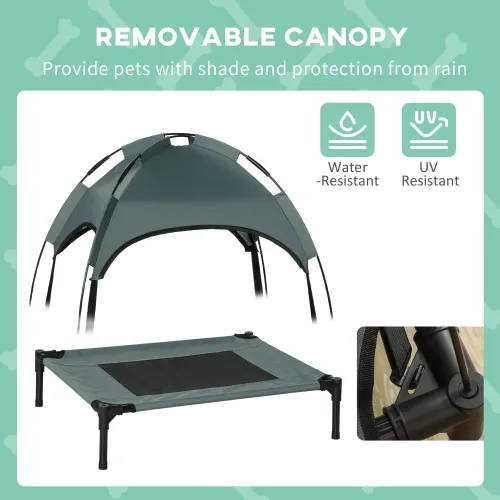 Vista 6 de Cama elevada para perros con toldo de protección UV, cama portátil estilo cuna para perros medianos, marco de metal gris
