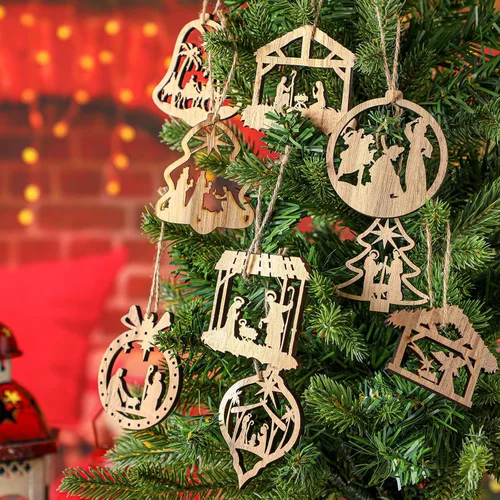 Vista 6 de Juego de 24 adornos de madera para árbol de Navidad, decoración religiosa del nacimiento de Jesús, decoración colgante para familia cristiana (forma)