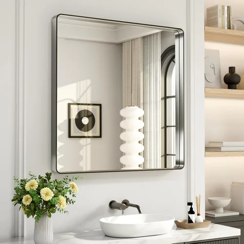 Vista 41 de LOAAO 20x16 Pulgadas Espejo de Baño con Marco de Metal Negro para Pared, Espejo de Tocador de Baño de Estilo Granja, Espejo Grande Rectangular