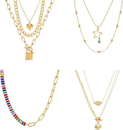 Vista 3 de KOSMOS-LI Juego de 60 joyas chapadas en oro con collares de disfraces, pulseras, aretes, anillos de nudillos para mujer