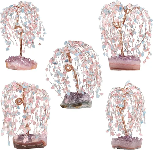 Vista 5 de SUNYIK Juego de árbol de dinero de cristal curativo de cuarzo rosa y aguamarina sobre base de racimo de amatista, adorno de Feng Shui, decoración