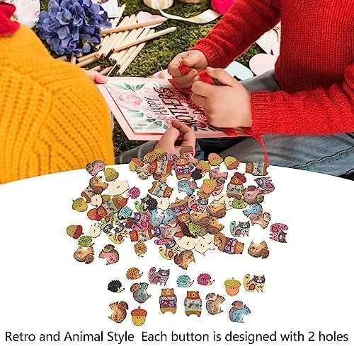 Vista 3 de Pssopp Botones para manualidades, 1.2 pulgadas de largo, lindos animales, coloridos y ligeros, botones de madera para coser, manualidades