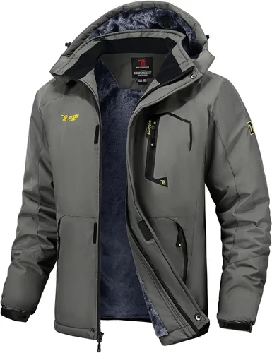 Vista 7 de TBMPOY Chaquetas de esquí para hombre, impermeables, para nieve, forro polar grueso, con capucha, para clima frío, cálido, trabajo en hielo al aire