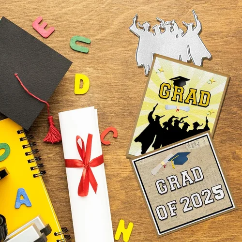 Vista 4 de Hying Troqueles de corte de graduación 2025 para hacer tarjetas, troqueles de felicitaciones graduados graduados de licenciatura, plantillas