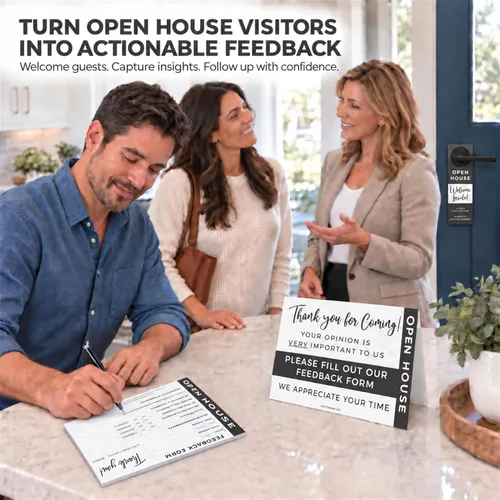 Vista 5 de Suministros para casa abierta. Libro de registro de visitantes con letrero inmobiliario para recopilar leads de agentes inmobiliarios y comentarios