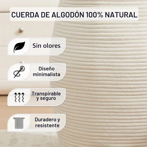 Vista 3 de Canasta de lavandería de cuerda de algodón Fiona's magic, cesta de lavandería tejida grande de 65L, cesto alto para ropa sucia para guardar mantas