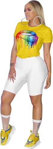 Vista 2 de Camiseta de manga corta con estampado de labios de los años 80 para mujer, con gráfico divertido