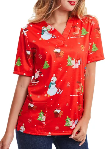 Vista 2 de SATINIOR Camisetas médicas navideñas para mujer, color rojo, con cuello navideño