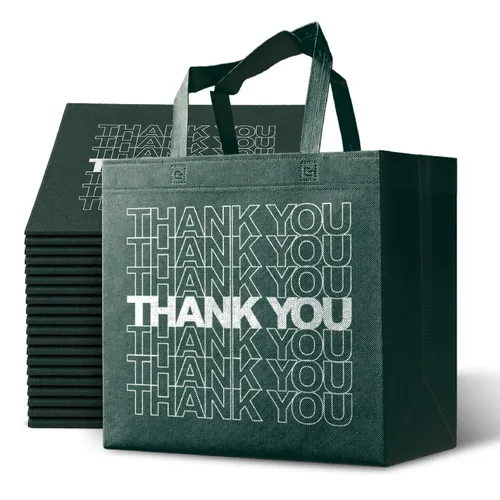 Vista 13 de Bagways Paquete de 30 bolsas de compras reutilizables con asas, duraderas, plegables, lavables, ecológicas, de 14x6.5x14 pulgadas, diseño beige/verde