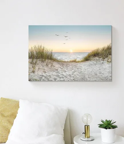 Vista 3 de Arte de Pared de Playa en Lienzo para Baño: Obra de Arte Impresa de Puesta de Sol Costera y Océano, Escena Marina Moderna, Imagen de Paisaje Marino