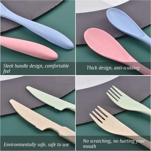 Vista 2 de Juego de tenedores, cucharas y cuchillos, juego de cubiertos de paja de trigo, juego de cubiertos reutilizables para 4, utensilios para fiesta