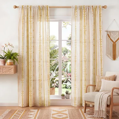 Vista 11 de Juego de 2 paneles de cortinas de lino bohemio, cortinas de semi privacidad para sala de estar, cortinas rústicas de campo de 54 pulgadas de largo