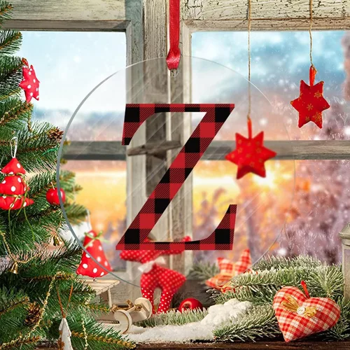Vista 5 de Adorno colgante de Navidad, monograma personalizado, letra Z, recuerdo del árbol de Navidad, a cuadros, rojo y negro, adorno acrílico a cuadros