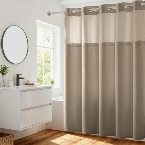Vista 64 de Cortina de baño River Dream de gran peso sin ganchos necesarios con diseño de gofre punteado y forro a presión - 36W x 74H, de calidad hotelera