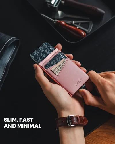 Vista 2 de VULKIT Cartera desplegable para tarjetas de crédito con ranuras de cuero adicionales con bloqueo RFID, funda delgada de metal para tarjetas, Rosa