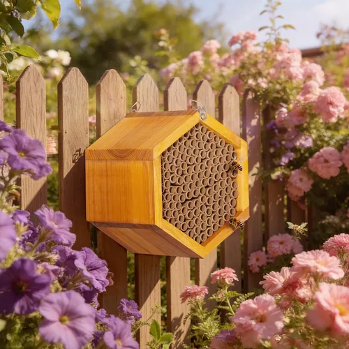 Vista 7 de Mason Bee House - Colmena de abejas de madera natural hecha a mano recubierta con cera para una larga vida útil y resistente al agua - Atrae