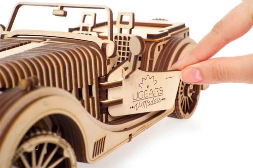 Vista 6 de UGEARS Vehículo Roadster VM-01 – Coche de madera 3D DYI – Proyectos divertidos para adultos – Idea de modelo de trabajo mecánico 3D