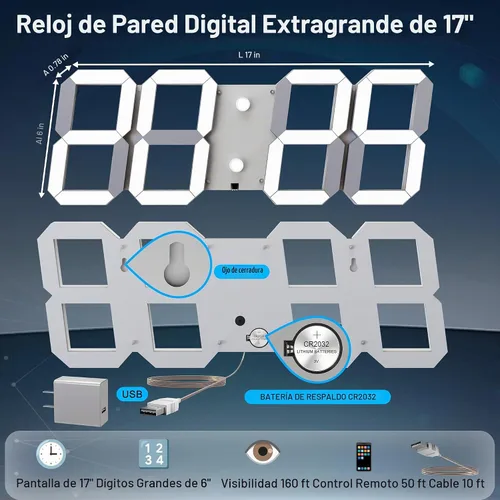 Vista 6 de CHKOSDA Reloj de pared digital LED 3D de 17 pulgadas con control remoto 164ft Visibility, Adjustable Brightness, Timer, 12/24 Hr Time, Date &