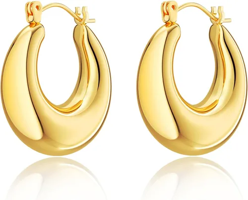 Vista 52 de Aretes de aro gruesos de oro para mujer, chapados en oro de 14 quilates, aretes de aro triple, hipoalergénicos, a la moda, aretes de aro gruesos