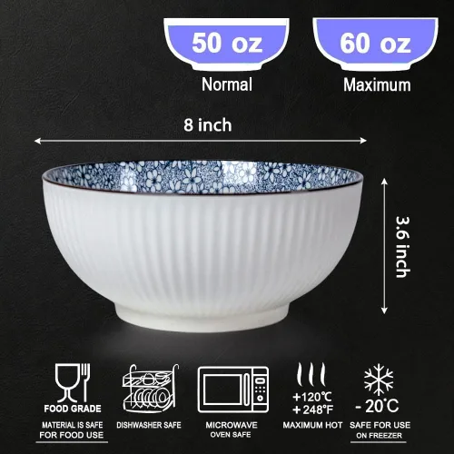 Vista 2 de Houlu Tazones Pho de 60 onzas, tazón grande de sopa, juego de cuencos de ramen japonés, cuencos de porcelana grandes de 8 pulgadas, juego de 3