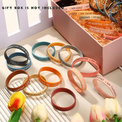 Vista 4 de Sratte 48 pulseras de silicona inspiradoras para niños, de goma motivacional, elásticas, unisex, pulseras de afirmación para estudiantes, regalo