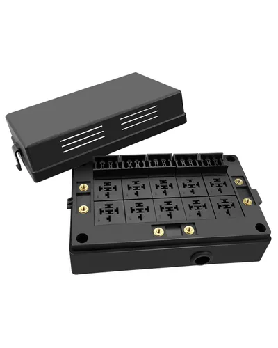 Vista 7 de Caja de relé de fusibles de 12V con 15 fusibles y 10 relés y terminales, 15 ranuras para fusibles y 10 ranuras para relés de 4/5 pines, soporte