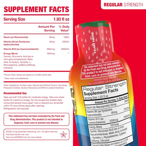 Vista 2 de 5-hour ENERGY Sabor a bayas, 30 unidades, inyección energética de 1.93 onzas líquidas, fuerza regular, aminoácidos, vitaminas B, sin azúcar y cero