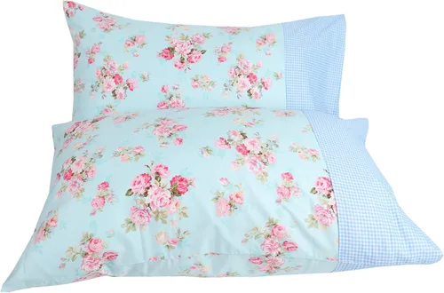 Vista 8 de Paquete de 2 fundas de almohada de algodón para cabello y piel, diseño a cuadros azules y estampado floral, tamaño Queen, súper suaves y acogedoras 3
