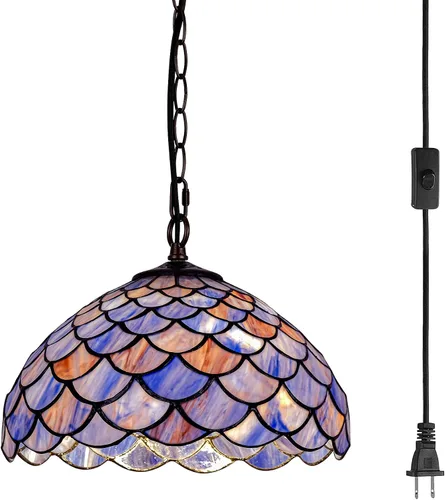 Vista 14 de Lámpara Colgante de Vidrio Emplomado Estilo Tiffany con Enchufe, 12" de Ancho Diseño de Glicinia Lámpara Colgante, Cadena de 60 Pulgadas Cable de 15
