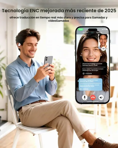 Vista 3 de Auriculares de traducción inalámbricos Bluetooth, intérprete en tiempo real, traductor de idiomas, auriculares con aplicación sin suscripción