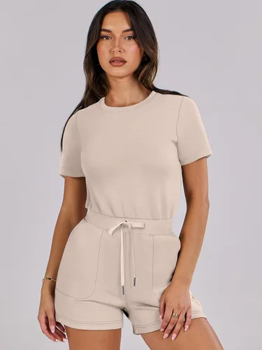 Vista 3 de ANRABESS Enterizo de verano para mujer, cuello redondo, casual, holgado, manga corta, de una pieza, con bolsillos