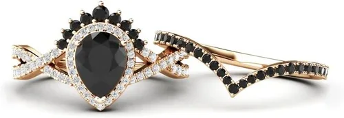 Vista 2 de Anillo de compromiso de ónix negro en forma de pera, halo de oro rosa, único juego de anillos de compromiso de piedra negra para mujer, anillo