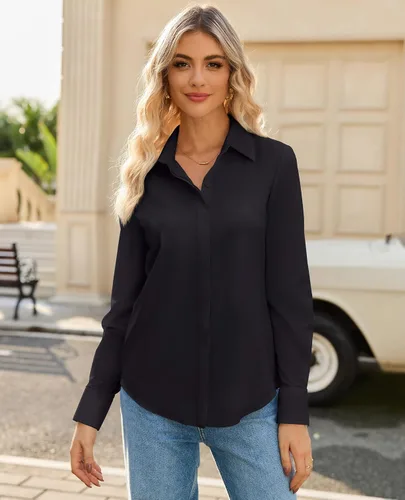 Vista 3 de siliteelon Womens Button Down Shirt Stretch Dress Shirt Collared Long Sleeve Hidden-Button Work Shirt Wrinkle-Free Blouse