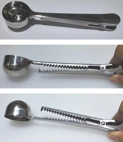 Vista 2 de Paquete de 4 pinzas para café, cuchara medidora de café de mango largo de 6 3/4 pulgadas, cuchara medidora de café de 0.5 fl oz con clip para bolsa