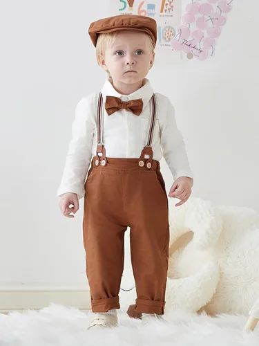 Vista 3 de SALNIER Conjunto de ropa de traje de bebé niño esmoquin trajes de caballero trajes de corbatín camisa tirantes pantalones boina sombrero