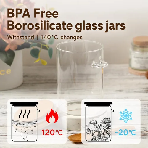 Vista 6 de Recipientes de Café Azúcar Sales - Frascos de 15 oz de Vidrio Hermético Caning con Tapas de Bambú y Cucharas Medidoras, Almacenamiento de Avena